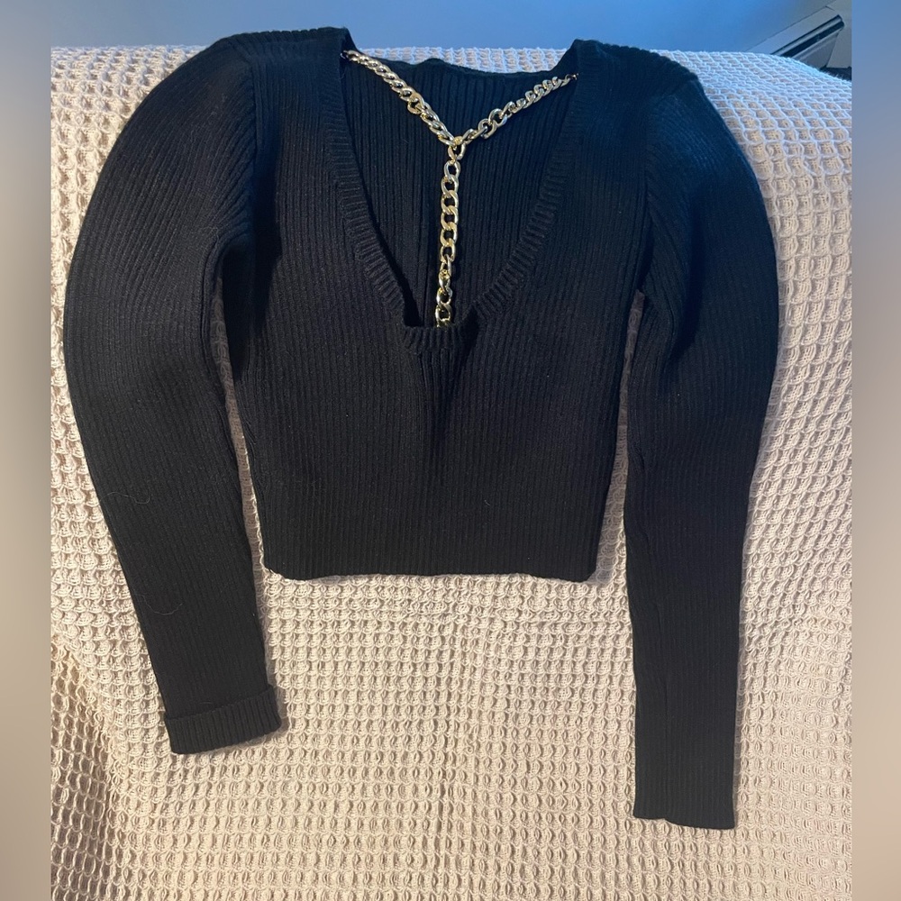 Astr Black Ribbed Knit Sweater with Gold Chain Detail
